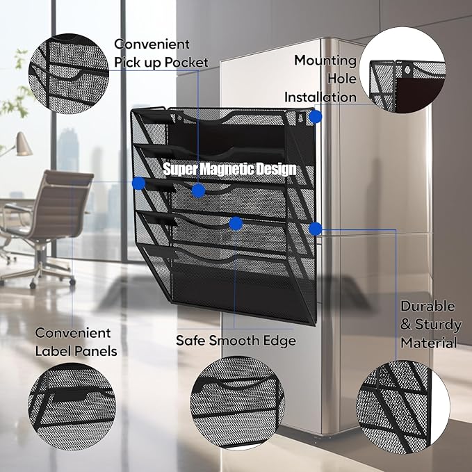 LQPAFZ 5-Tier Magnetic File Holder, No Drilling Installation File Cabinet Organizer, Black Magnetic File Organizer, Magazine Rack, Magnetic Paper Holder for Refrigerator, File Cabinets, Whiteboard