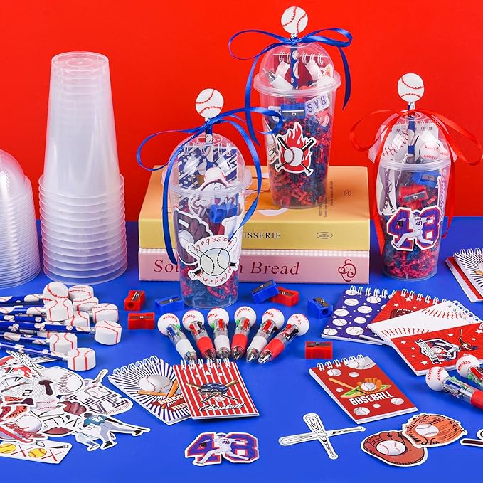 LiYiQ 247 Pcs Baseball Party Supplies Return Gifts for Party, Student Stationery Gifts from Teacher Rewards Prizes, Pencil Erasers Notebooks Stickers for Baseball Classroom Birthday