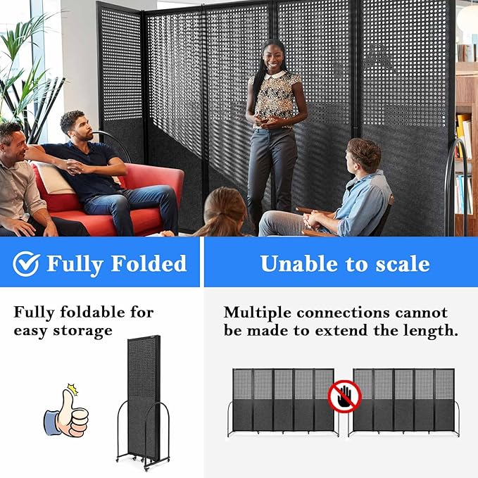 Folding Room Partition,Freestanding Privacy Divider,Portable Office Divider Wall,Commercial Space Partition Screen,Perforated Felt Panel Design,10'6"W x 6'7"H,5 Panel,Dark Grey