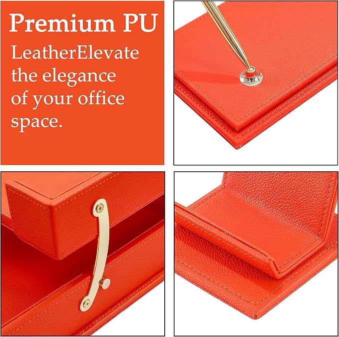 RitPin Luxury Executive Leather Desk Organizer Set – 11-Piece Office Desk Accessories with Desk Pad, Letter Tray, Phone Stand, Pen Holder & Coasters – Professional Office Desk Decor & Gift (Orange)