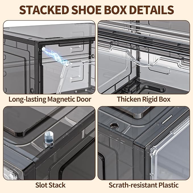 TOFWOF 6 Pack XX Large Shoe Organizer, Heavy-Duty Hard Thicken Plastic Clear Stackable Shoe Storage Box Organizer for Closet, Space-Saving Shoe Rack Display Case Bin Containers for Sneakers, Grey