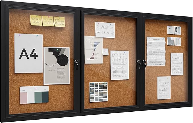72"x36" Lockable Enclosed Bulletin Board, Outdoor Cork Weather-Resistant Aluminum Frame Notice Board, Wall Mounted Display Case Acrylic Doors for School,Office,Black Frame w/Cork