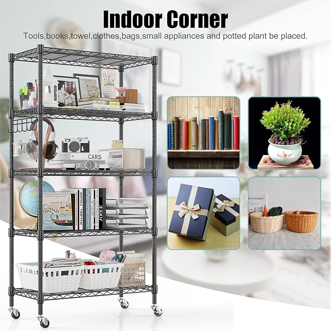 Himimi 5-Tier Storage Shelf Wire Shelving Unit on Wheels Heavy Duty Metal Shelves Adjustable Steel Rack Organization for Kitchen Garage Basement, Black