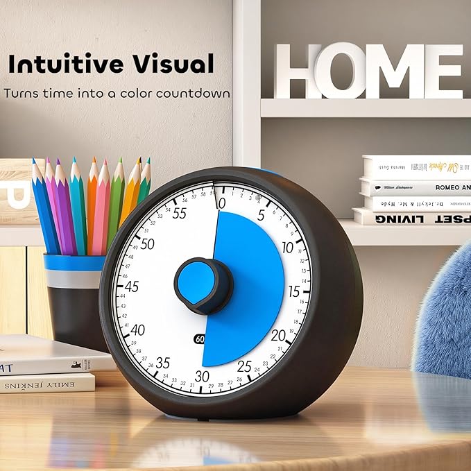 Visual Timer for Kids 60-Minute Countdown Timer with Optional Alarm, Focus Tool for ADHD & Autism, Time Management for Homework, Chores, Office, Kitchen, Teaching & Study Routines (Black Blue)