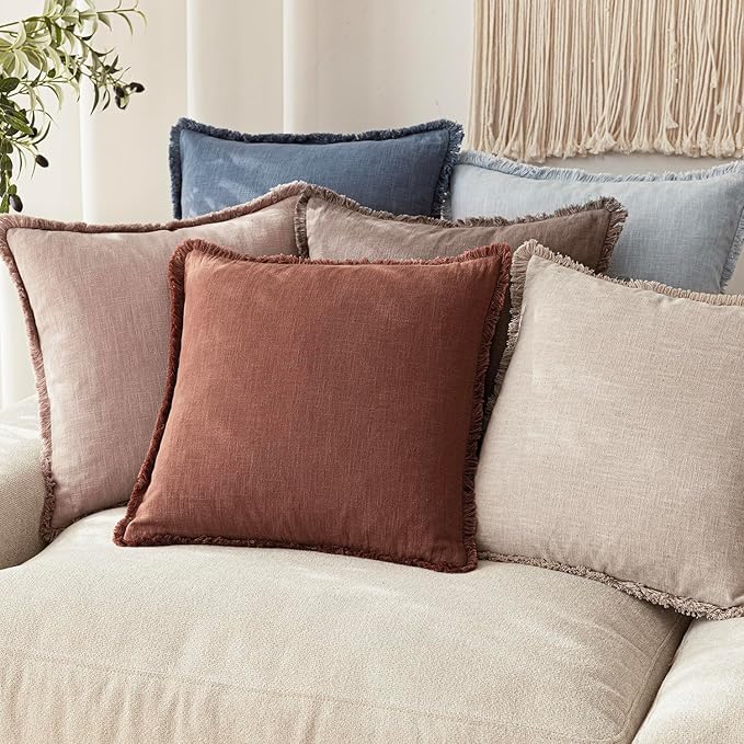Foindtower Set of 2 Decorative Linen Fringe Throw Pillow Covers Boho Farmhouse Cushion Cover with Tassels Soft Accent Pillowcase for Couch Chair Sofa Bed Living Room Home Decor,18×18 Inch,Rust Red