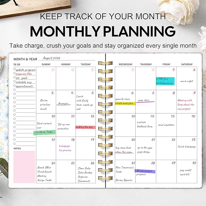Undated Weekly and Monthly Planner – 12-Month To Do List Notebook Organizer with Goal & Habit Tracker, Monthly Calendar, Spiral Productivity Journal Ideal for Work, School & Home, 6.5" x 8.5", Rose