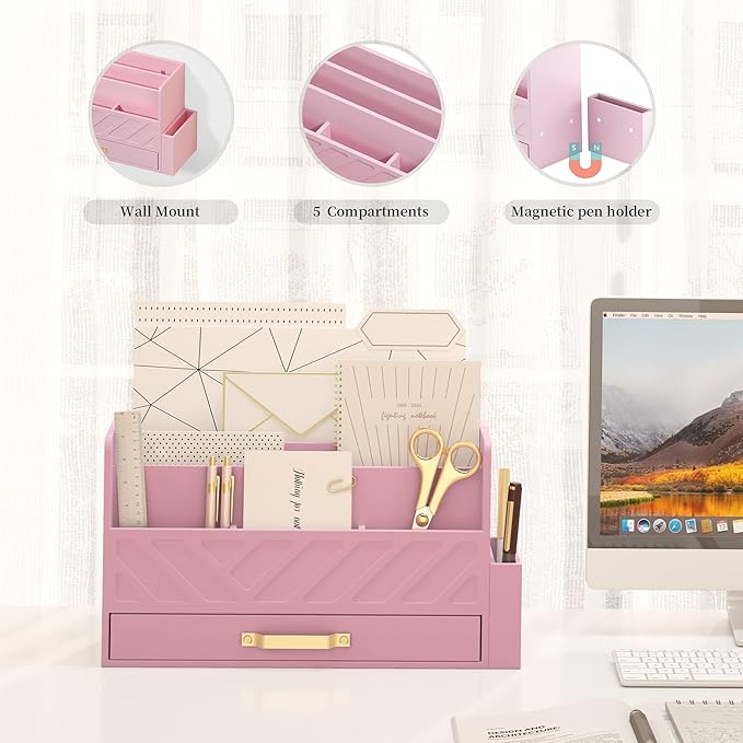 WISUCART Bamboo Desk Organizer Mail Holder Countertop Wood Desk Drawer Tabletop Storage Box Pen Holder Letter Sorter Makeup Organizer for School Home Office Supplies with Pen Holder Pink