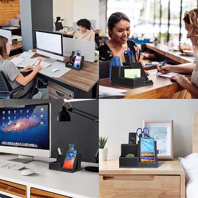 TopMade Wireless Charger with Desk Nightstand Organizer, PU Leather Pen Pencil Holder Fast Charging Station, Office Supplies for Iphone Charging Stand, Anniversary Birthday Gifts for Men(Black)