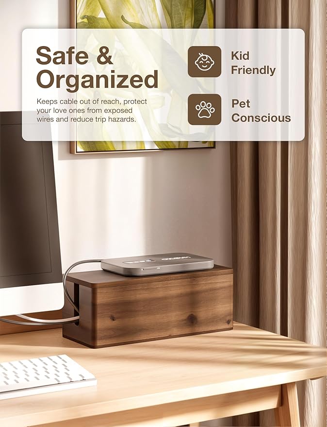 TIDITA Acacia Wood Large Cable Management Box Round Edge - 16" L Wooden Power Strip Box, Surge Protector Box - Cable Hider Box for Office, Living Room - 2 Open Slots, Magnetic Lid (Walnut Color)