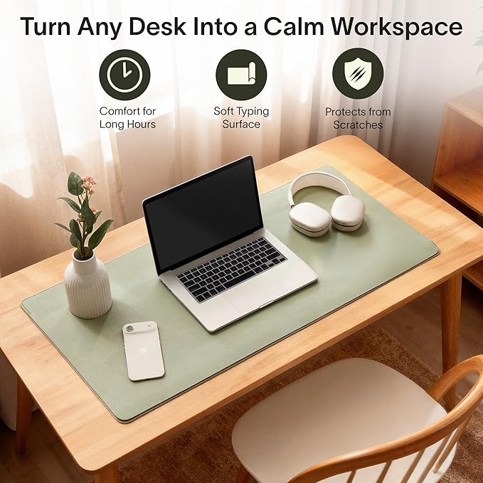 Nordik Felt and Leather Desk Mat - Willow Haze Sage - 35x17 Inch Felt and Vegan Leather Desk Blotter with Document Hideaway - Large Computer Mats for Desktop - Ideal Keyboard Mat for Office and Home
