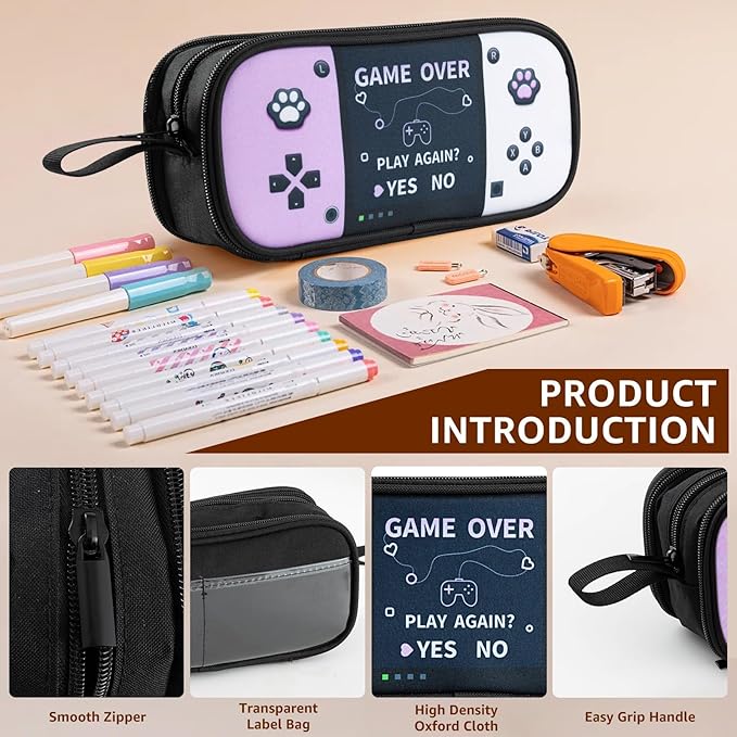 Easozoom Large Game Controller Pencil Case for Teen girl Kid Capacity Pen Box Pouch Organizer Holder Bag with 3 Compartments & Zipper School College Office Supplies (1PCS Pencil Case) (Purple&White)