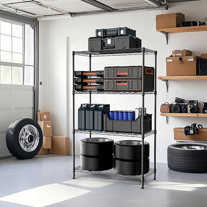 M MZG 1000 lbs 4Tier Shelf Metal Storage Shelves Wire Rack Closet Organizers with Wheel for Garage Kitchen Bathroom Laundry Black 13.7" D x 29.5" W x 47.2" H