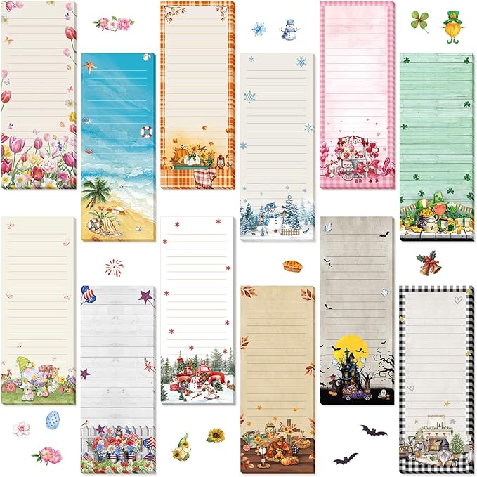 Eaasty 12 Pcs Seasonal Holiday Magnetic Notepads for Refrigerator Picture Monthly Magnetic Grocery List 9 x 3.5 Magnet Memo Pads 30 Sheets Per Pad Shopping to Do List for January to December