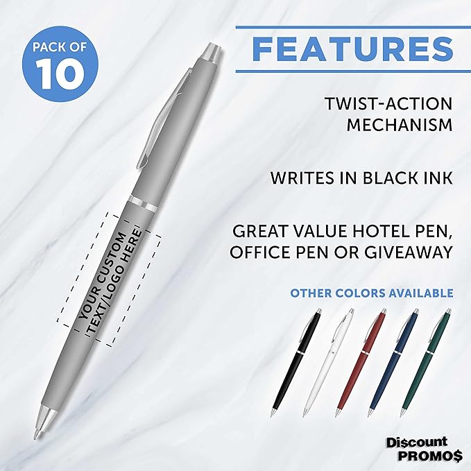 DISCOUNT PROMOS Custom Langham Ballpoint Pens Set of 10, Personalized Bulk Pack - Black Ink, Great for Office, School, Business, Tradeshows - Silver