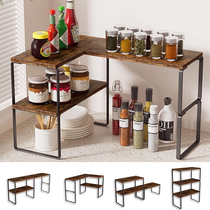 Golener Countertop Organizer Corner Shelf, 2-Tier Adjustable Stackable Corner Shelves for Kitchen, Spice Rack, Coffee Area, Over Sink, Bathroom, Dresser Table, Corner Counter Shelf Stand, Rustic Brown