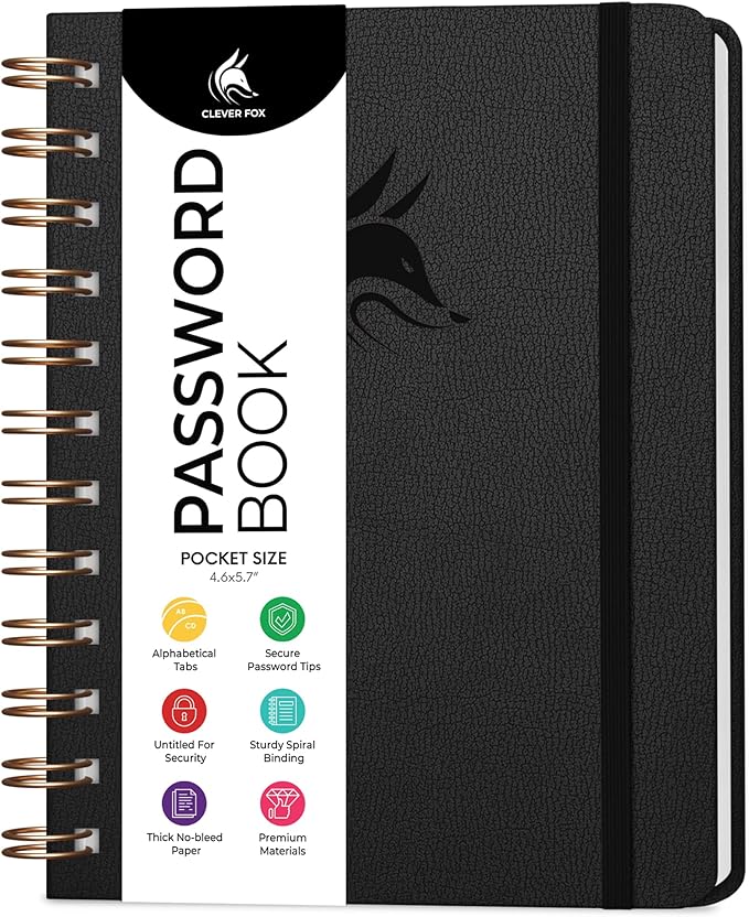Clever Fox Password Book Spiral – Mini Internet Address & Password Organizer with Laminated Alphabetical Tabs – Small Password Keeper Journal – Hardcover, Pocket Size, 4.7x5.7” (Black)