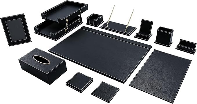 RitPin Desk Set, 11-Piece All-in-One – Executive Desk Accessories & Office Supplies, Leather Desk Organizer with Desk Pad & Blotter, 2-Tier Letter Tray, Luxury Office Desk Decor & Boss Gifts (Black)