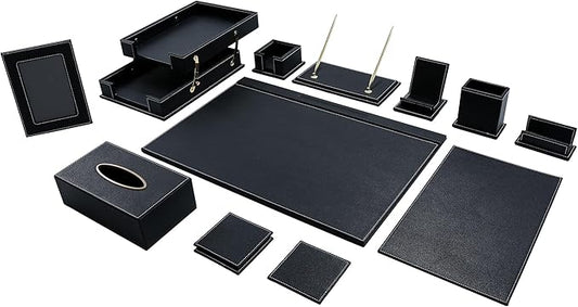 RitPin Desk Set, 11-Piece All-in-One – Executive Desk Accessories & Office Supplies, Leather Desk Organizer with Desk Pad & Blotter, 2-Tier Letter Tray, Luxury Office Desk Decor & Boss Gifts (Black)