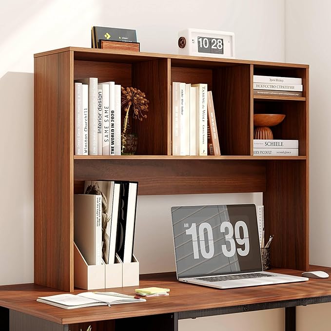 Tangkula Desktop Bookshelf, Countertop Storage Hutch with 4 Shelves for Computer Desk, Desktop 2-Tier Display Rack, Multipurpose Wood Desk Hutch Storage Organizer for Dorm Office Home (Walnut)