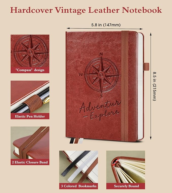 PAIBAS Lined Journal Notebook for Women Men, 160 Pages, A5 Hardcover Vintage Leather Journaling Notebooks for Work, School, Note Taking, Travel, Bible Study, Daily Diary for Writing 5.8"x8.5" (Brown)