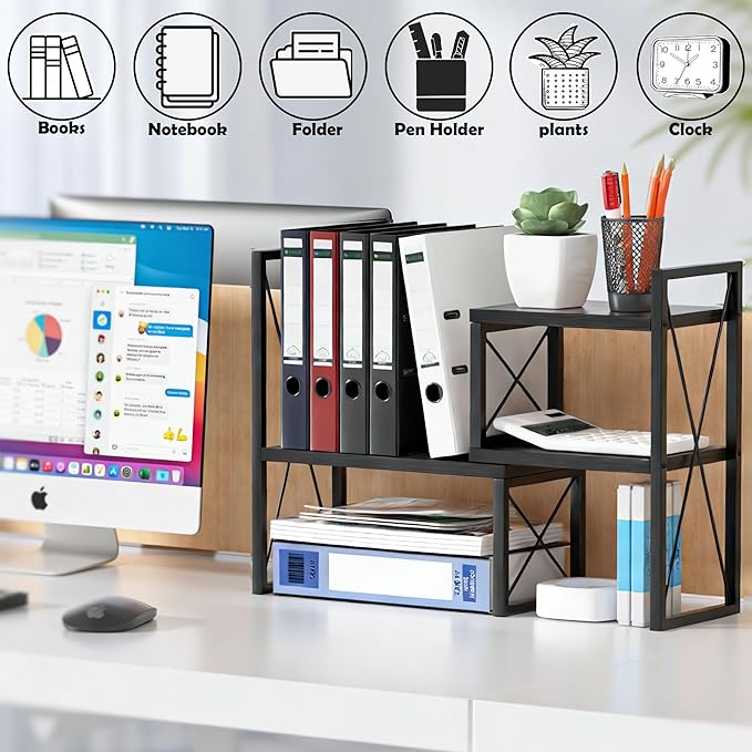 Yelinkws Desktop Shelf Organizer,Small Bookshelf for Office,Wood Desk Top Shelves, Office Organization and Storage (Black)