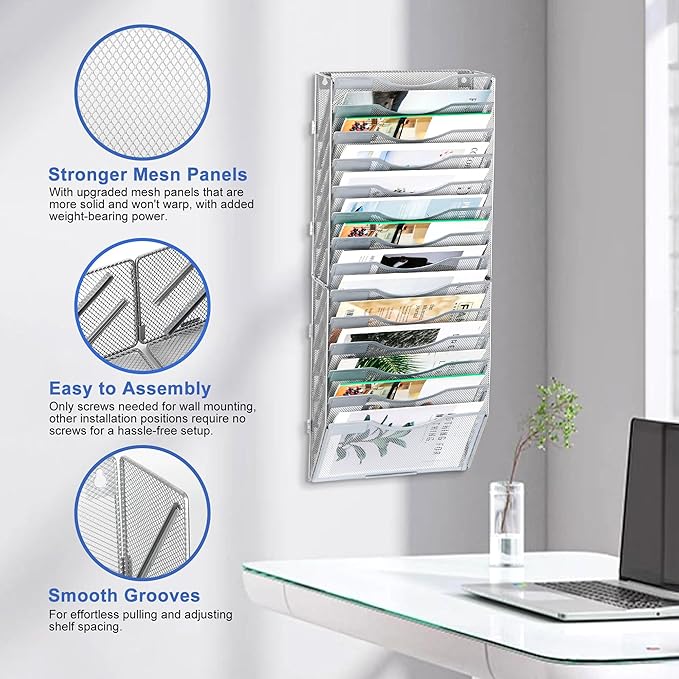 EasyPAG Wall File Organizer for Office 14 Pocket Mesh Wall Mounted Paper Organizer Hanging Folder Holder with Nametag Label for Home School, Silver