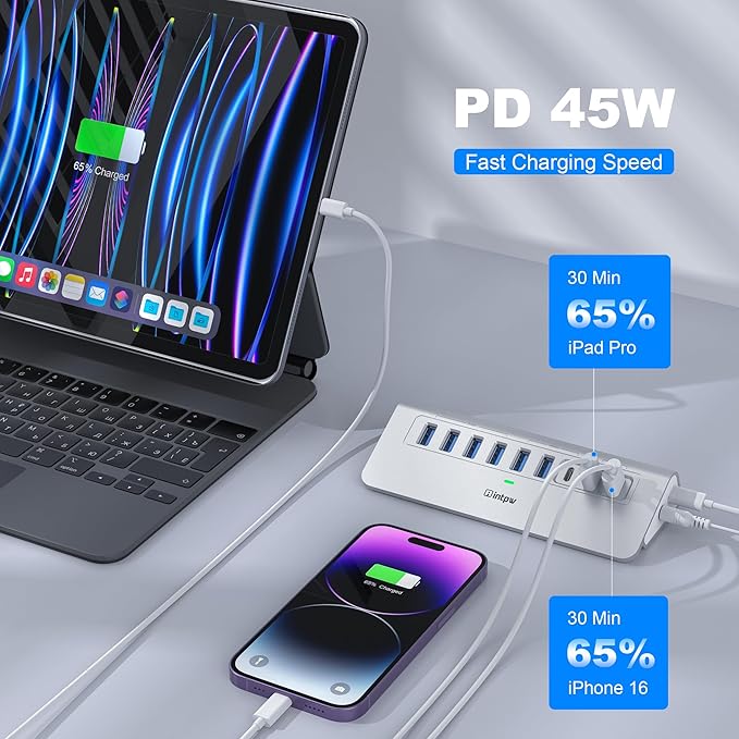 Powered USB Hub 10Gbps, intpw 9-Port USB 3.2 Hub, USB C Hub with USB A/USB C 3.2, 4 USB 3.0, 2 PD 45W Charging Ports, 65W Power Adapter and 3.3FT Cable, Aluminum USB Hub for Laptop, iPhone 17/16/15，PC