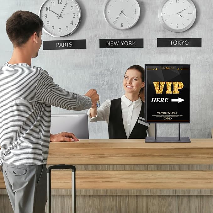 Zhengmy 1 Pcs Tabletop Sign Holder with Flat Base 11" x 8.5" Double Sided Countertop Sign Holder Vertical Desktop Display Stand Metal Poster Display Stand for Office Store Restaurant Hotels, Black