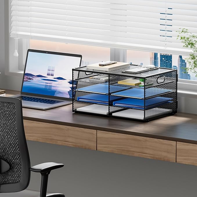 Lavatino 8 Compartments Paper Organizer for Desk, Mesh Literature Organizer, Mail File Sorter Tray with Handle, Desktop Mailbox for Office Classroom Home, Black