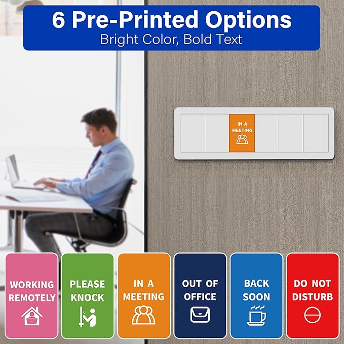 Office Door Signs with 6 Printed Status Options – Do Not Disturb, Out of Office, In a Meeting, Please Knock, Work from Home, Back Soon – Includes Custom Personalized Blank Sticker for Privacy Workspace or Studio Available and Away