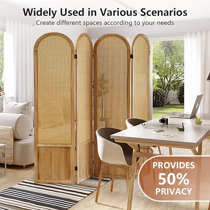 Asnefeli Room Divider 4 Panel, Folding Privacy Screen, Foldable Wood Divider Room Dec, Rattan Room Divider, Portable Partition Screen, Wall Divider for Room Separation Bedroom Home Office (Natural)
