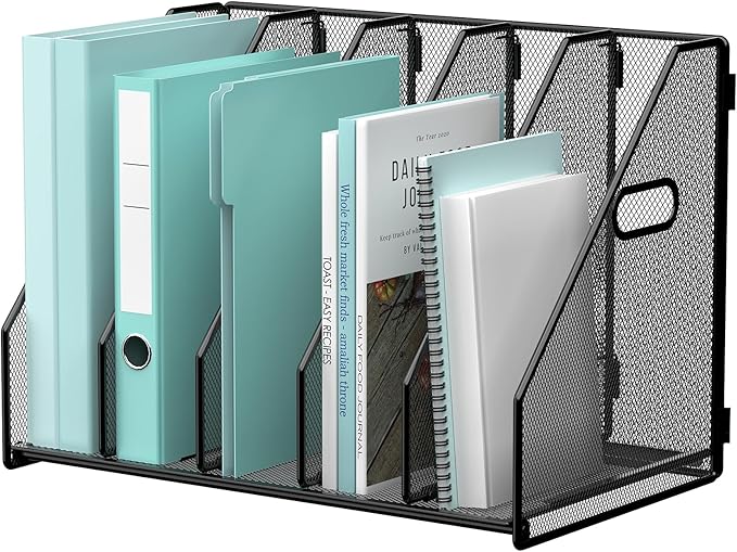Gawerk Desktop File Magazine Folder Holder 5 Vertical Compartments, Desk Organizer Vertical Magazine Folder Organize with Side Handles, for Office Home School, Black