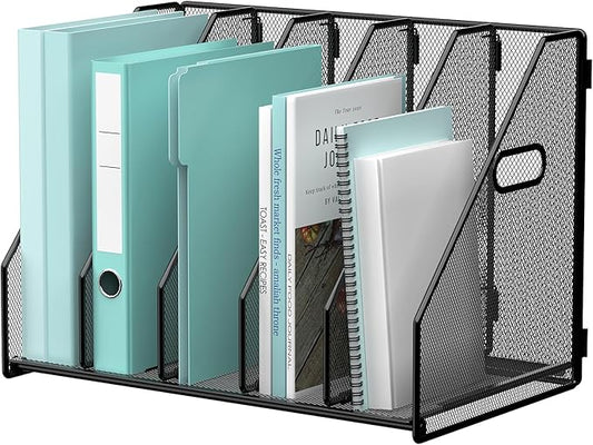 Gawerk Desktop File Magazine Folder Holder 5 Vertical Compartments, Desk Organizer Vertical Magazine Folder Organize with Side Handles, for Office Home School, Black