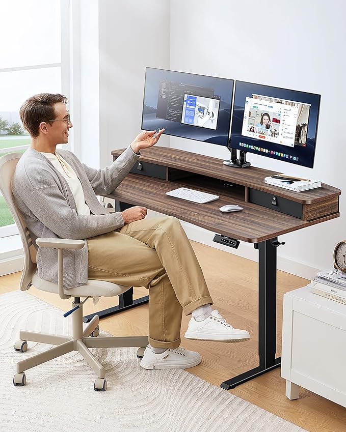 HUANUO 48″ x 24″ Electric Standing Desk with 2 Drawers, C-Clamp Mount Compatible, Height Adjustable Computer Desk, Home Office Stand Up Desk with 4 Preset Heights & 2 Hooks, Walnut