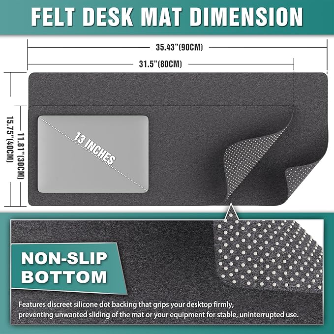 K KNODEL Felt Desk Mat, Large Desk Pad Protector, Office Computer Desk Mat for Keyboard, Non-Slip Mouse Pad (Dark Gray, 35.4"x15.7")