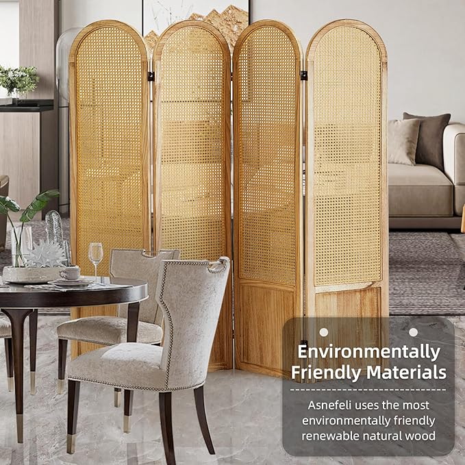 Asnefeli Room Divider 4 Panel, Folding Privacy Screen, Foldable Wood Divider Room Dec, Rattan Room Divider, Portable Partition Screen, Wall Divider for Room Separation Bedroom Home Office (Natural)