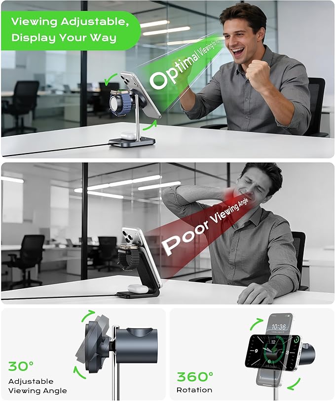 Gumosh Qi2.2 Charging Station for Apple, 25W 3 in 1 Magsafe Charger Stand with Active Cooling Fan, Magnetic Wireless Charger for iPhone 17/16/15/14/13/12, Apple Watch, AirPods (with 45W Adapter)