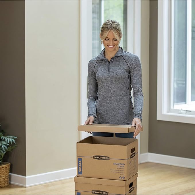 Bankers Box Small Classic Moving Box 5 Pack, Reinforced Handles, Tape-Free Assembly, Box with Lid, 15-in x 12-in x 10-in (7714902)