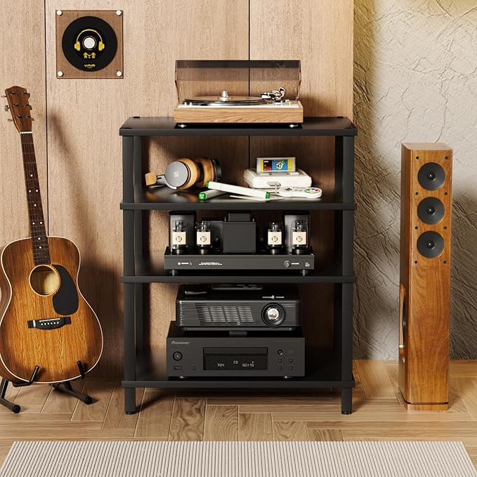 LELELINKY 4-Tier AV Media Player Stand Set of 2, Black Stereo Cabinet, Wooden TV Stand,Game Console Shelf, Multifunctional Entertainment Center, Suitable for Home, Conference Room, Game Studio