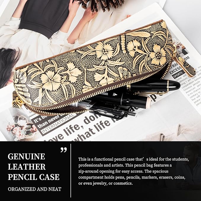 Gexmil Genuine Leather Pen Case, Full Grain Leather Pencil Holder, Hand-made Stationery Bag for Work & Office, Vintage Style, Butterfly Grey