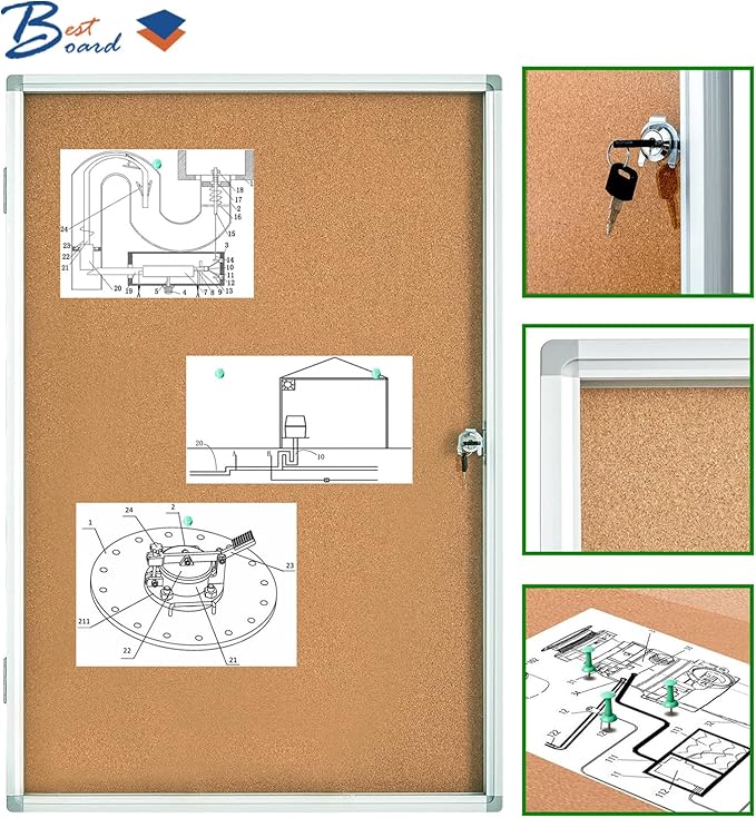 BEST BOARD Pinboard Enclosed Bulletin Board 36 x 24 Inch Lockable Cork Noticeboard for School Office, Wall Display Case with Lock (Cork Board)