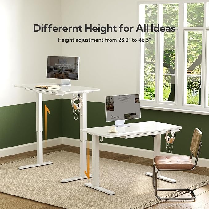 INNOVAR Glass Standing Desk with Drawers, 55 x 24 Inches Electric Height Adjustable Desk, Tempered Glass Top Stand Up Desks for Home and Office, White
