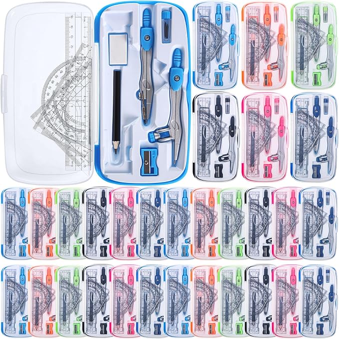 Zonon 24 Sets Math Geometry Kit Student 10 Pcs Shatterproof Storage Box Includes Compass, Rulers, Protractor, Eraser, Pencil Sharpener, Lead Refills, Pencil for Back to School Students Class Teacher
