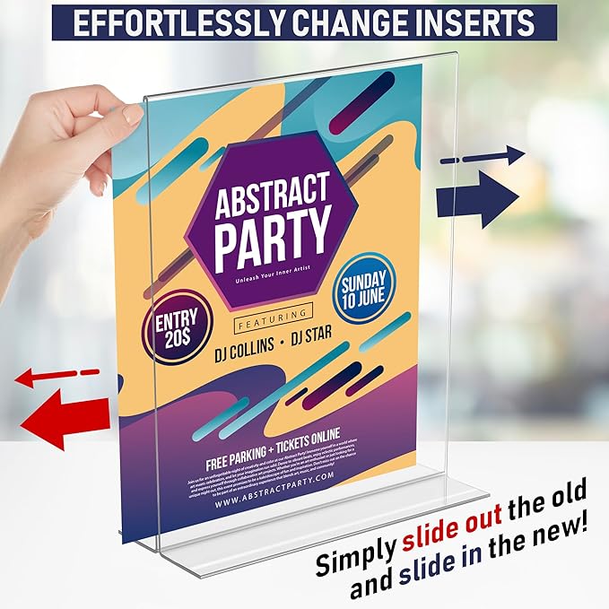 Acrylic Sign Holder 8.5 x 11, T-Shape Double-Sided Acrylic Table Stand with Wide Base, Plastic Tabletop Holder, Menu and Paper Display for Tables, Ideal for Offices, Restaurants, and Events (6 Pack)