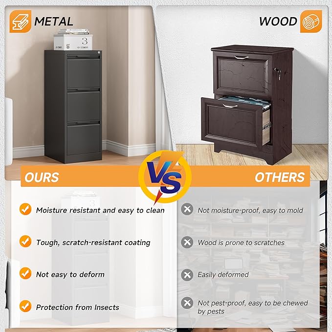Bestoo 3-Drawer File Cabinet with Lock, Metal Filing Cabinet for Home Office, Vertical Filing Storage Cabinets, Fits File Folders, Letter/Legal/F4/A4 Size, Assembly Required (Black)