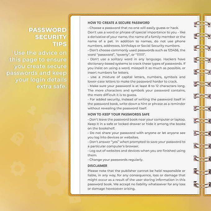 Clever Fox Password Book Spiral – Internet Address & Password Organizer with Laminated Alphabetical Tabs – Password Keeper Journal – Hardcover, Medium Size, 6.1x7.7” (Amber Yellow)