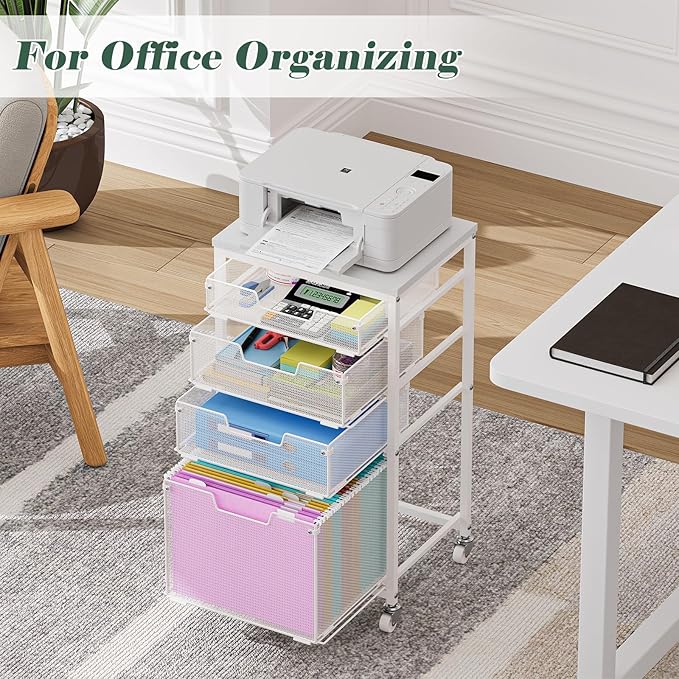 Sbanmao 4 Drawer Rolling File Cart with Wheels, Mobile Filing Cabinet for Home Office, Hanging File Organizer, Under Desk Storage, Multifunctional Utility Cart Printer Stand, White (Patent Pending)