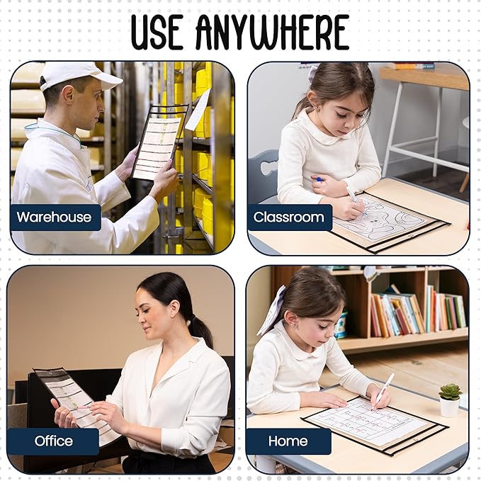 Essex Wares - 100 Pack, Black, Job Ticket Holders, 10" Wide x 13.5" Tall - Clear Plastic Shop Ticket Holders - Easy to Use, Reusable & Easy Erase Plastic Invoice Holders, Water-Resistant & Durable