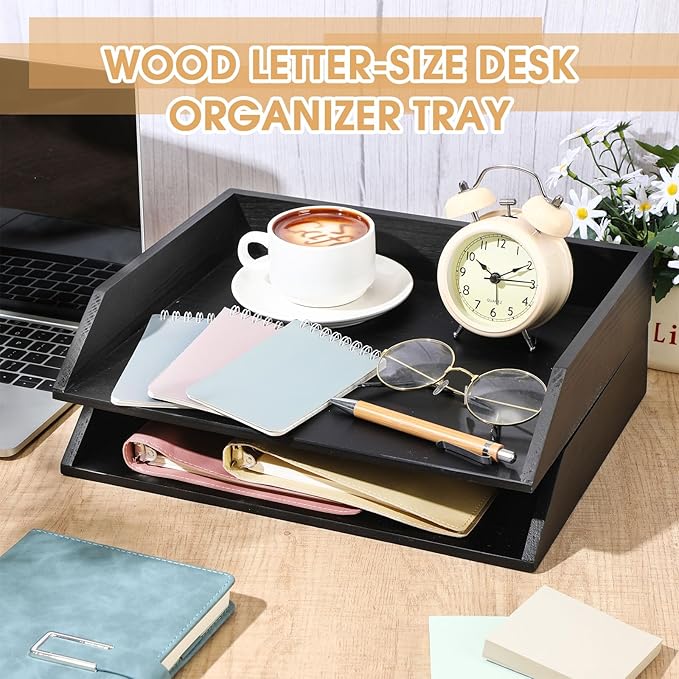 Beeveer 2 Pcs Wooden Letter Trays Wood Letter-Size Desk Organizer Heavy Duty 2 Tier Stackable Supports Paper Tray Desktop Drawer Organizer File Folder Magazine Office Accessories (Black)