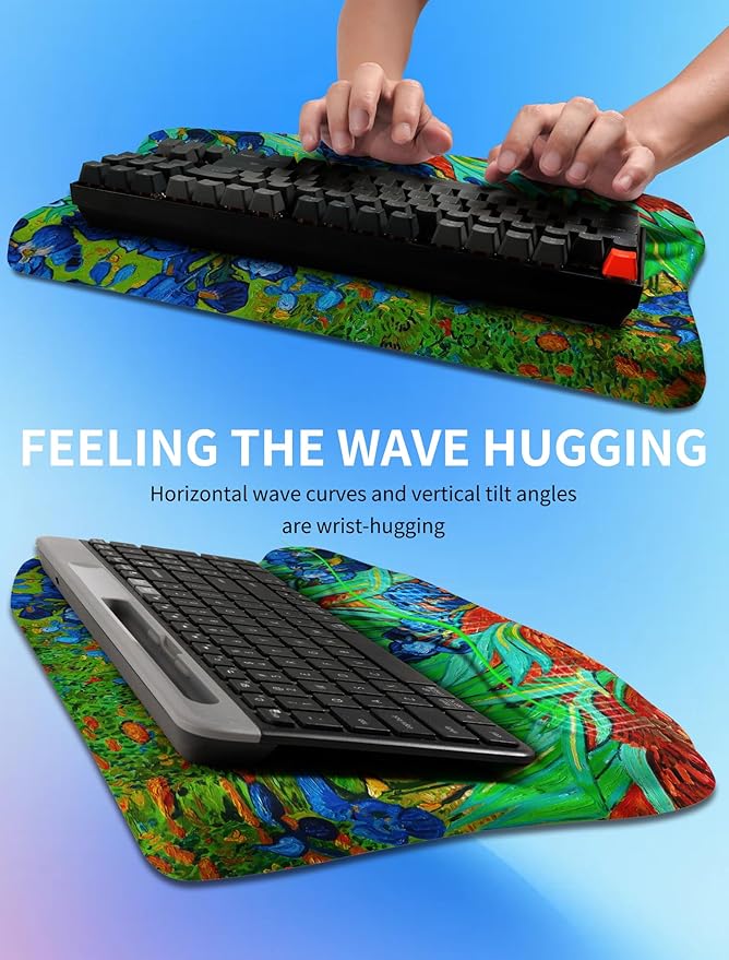 KUOSGM Ergonomic Wave Wrist Rest with Keyboard Stand, Cushioned Palm Rest, Comfortable Integrated Memory Foam for Natural Typing and Relieve Wrist Pain, Van Gogh Iris Flower
